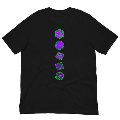 RPG dice T-shirt, black crewneck with vertical purple dice graphic on front