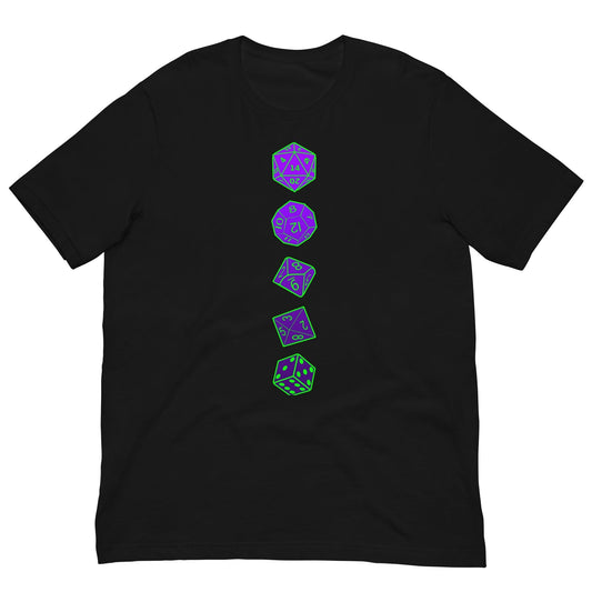 RPG dice T-shirt, black crewneck with vertical purple dice graphic on front