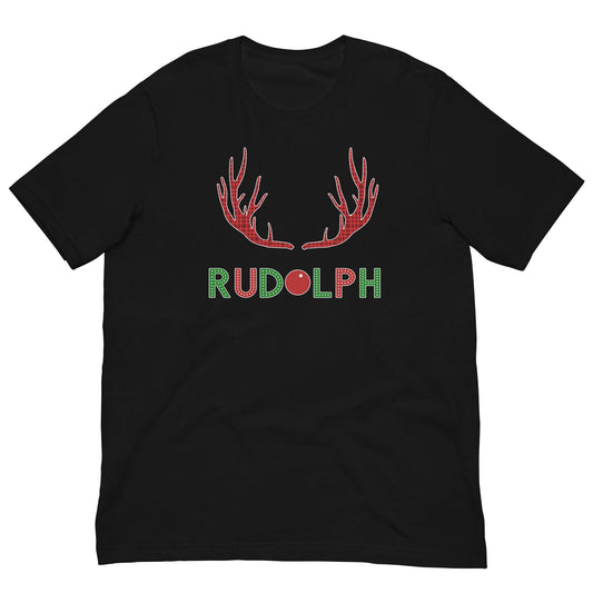 Black crew-neck T-shirt with red antler and green Rudolph logo print