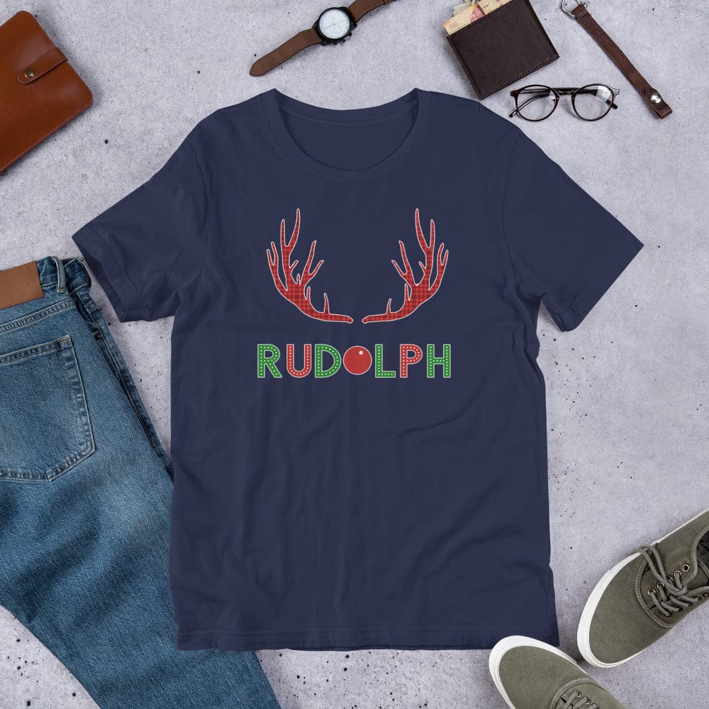 Navy reindeer antler graphic T-shirt with Rudolph lettering
