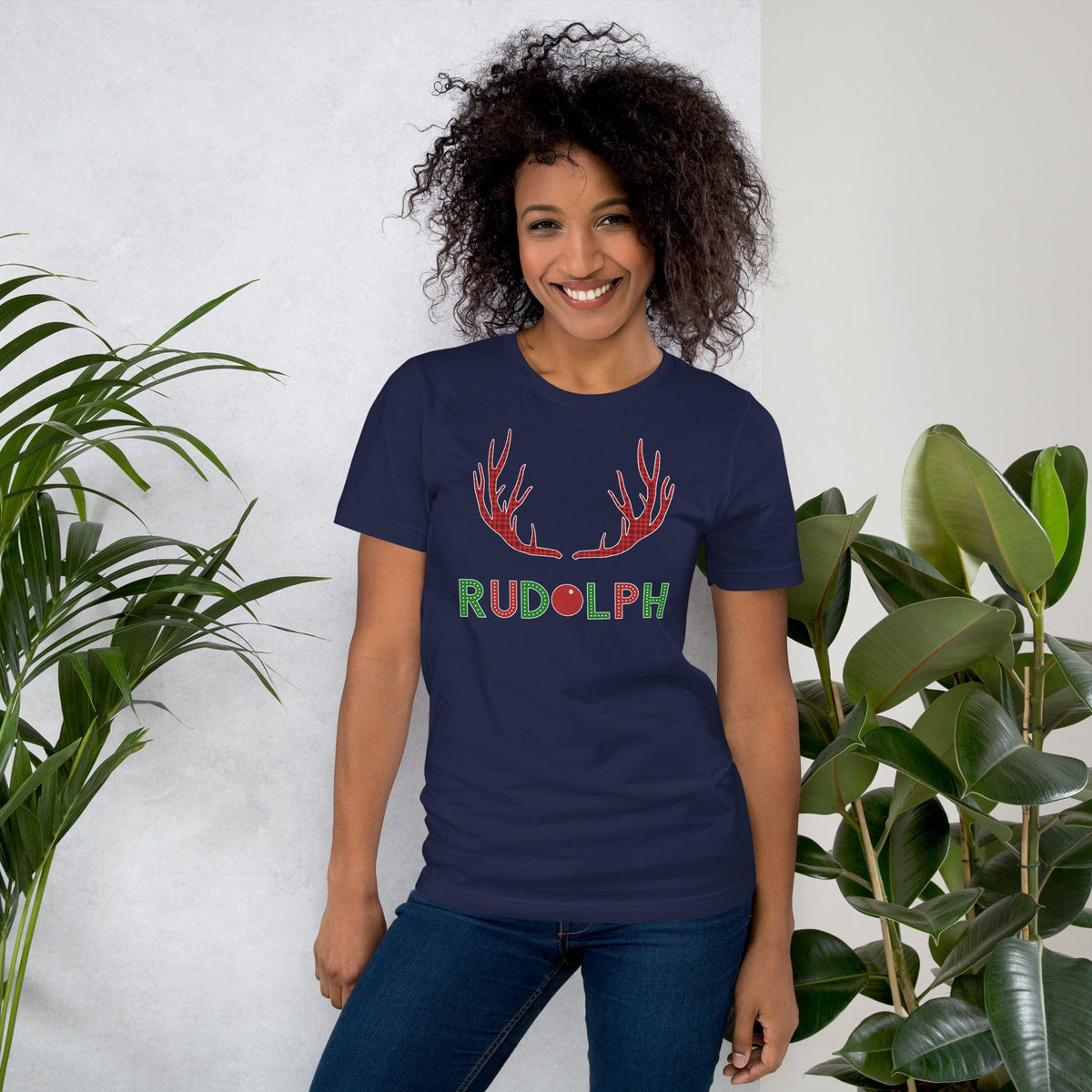 Navy crew-neck T-shirt with red antler and green Rudolph logo print