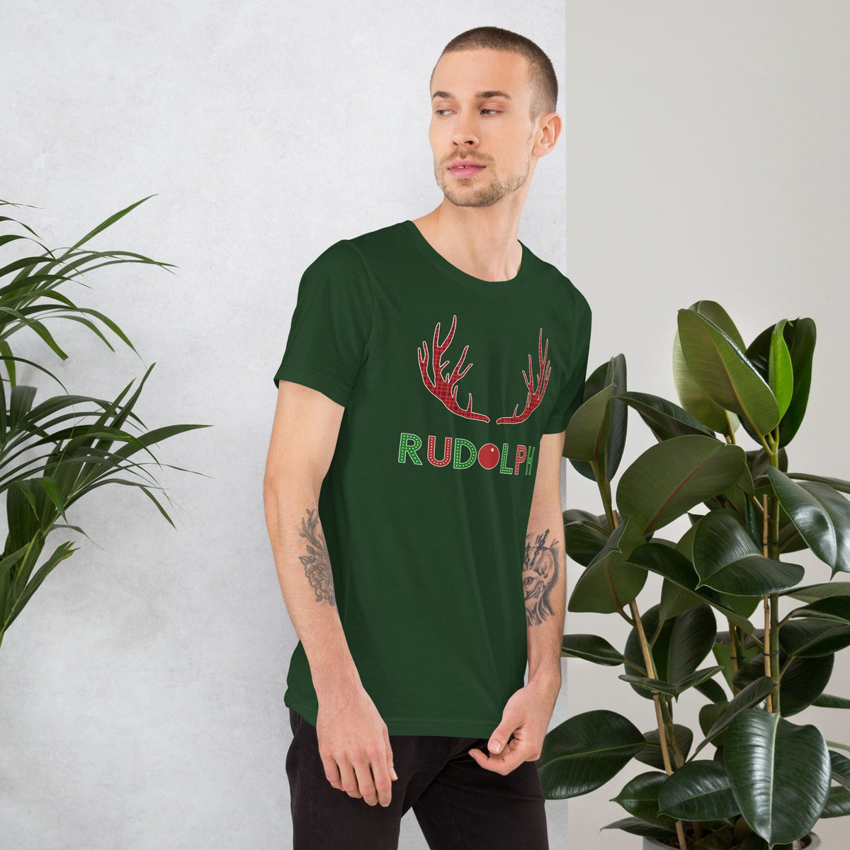 Forest green crew-neck T-shirt with red antler and green Rudolph logo print