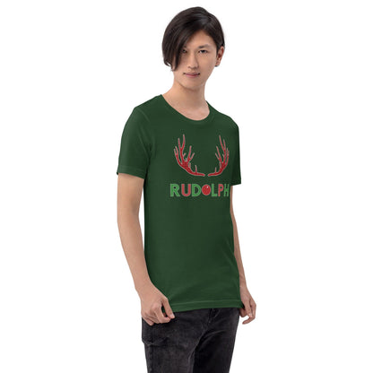 Forest green reindeer antler graphic T-shirt with Rudolph lettering