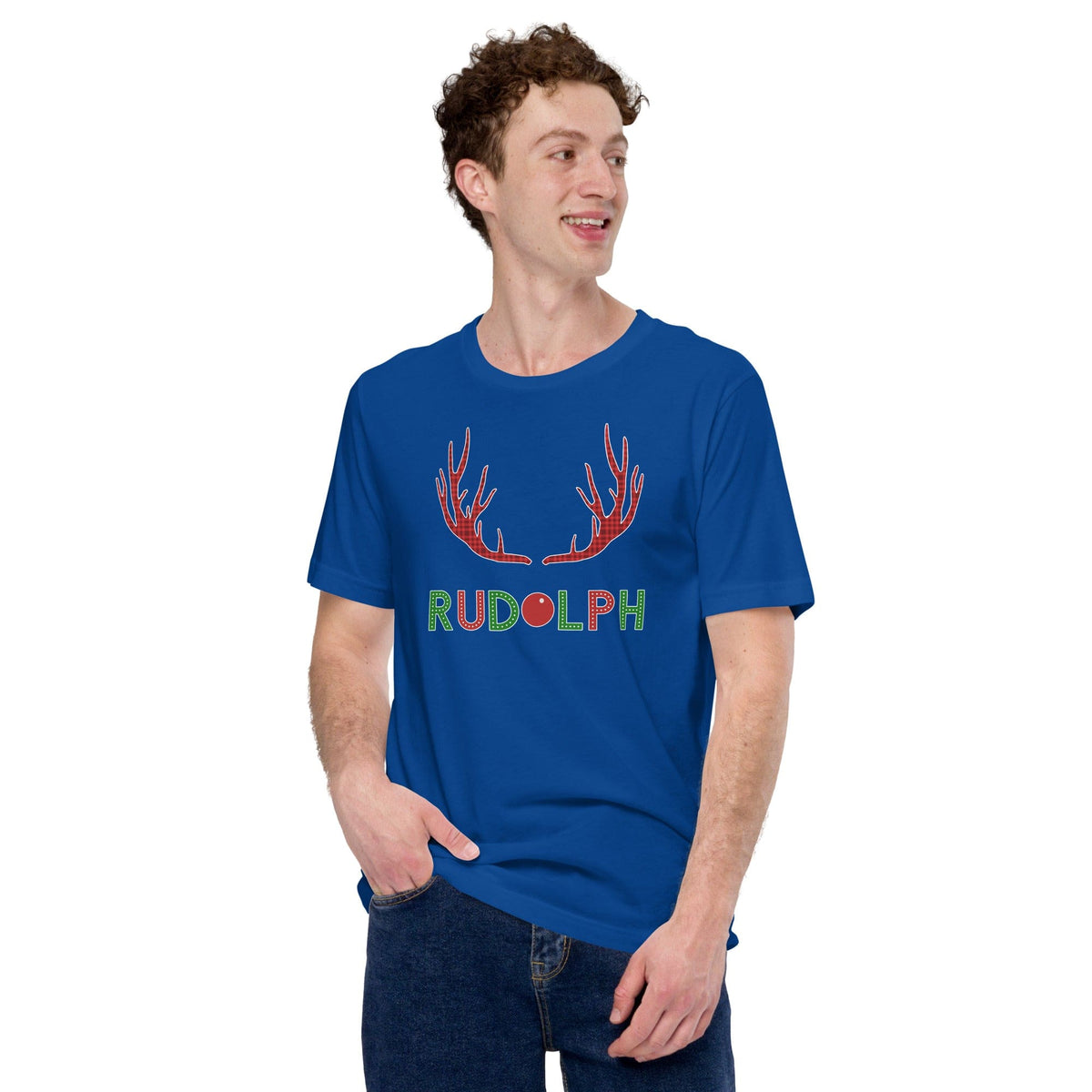 Blue reindeer antler graphic T-shirt with Rudolph lettering