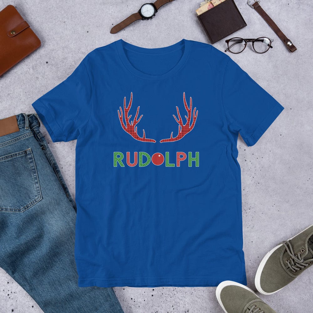Blue T-shirt with reindeer antlers graphic and 'RUDOLPH' lettering