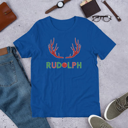 Blue T-shirt with reindeer antlers graphic and 'RUDOLPH' lettering