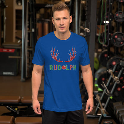 Blue crew-neck T-shirt with red antler and green Rudolph logo print