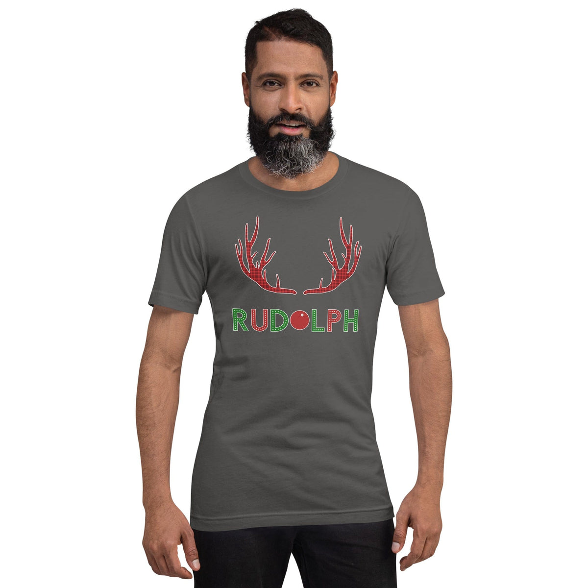 Charcoal gray T-shirt with reindeer antlers graphic and 'RUDOLPH' text