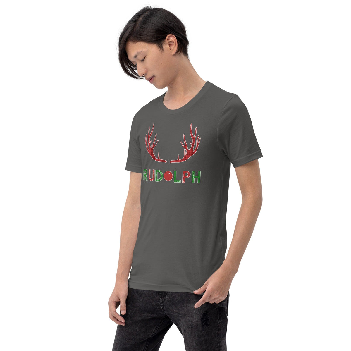 Dark gray T-shirt with reindeer antlers graphic and 'RUDOLPH' text