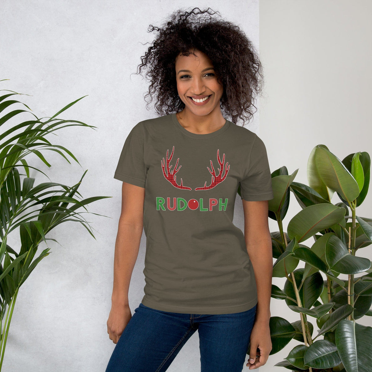 Dark gray-green reindeer antler graphic T-shirt with Rudolph lettering
