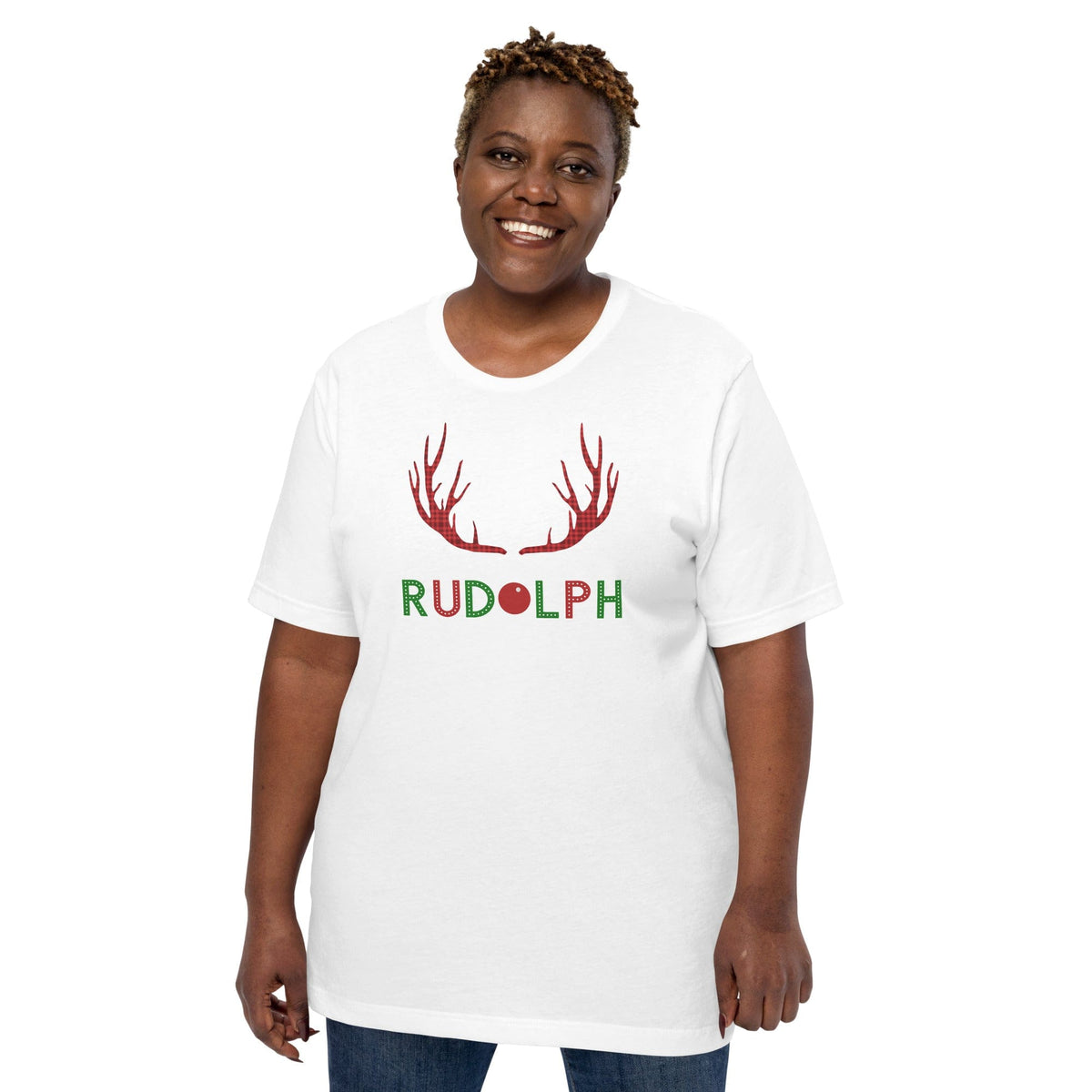White reindeer antler graphic T-shirt with Rudolph lettering