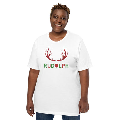 White reindeer antler graphic T-shirt with Rudolph lettering