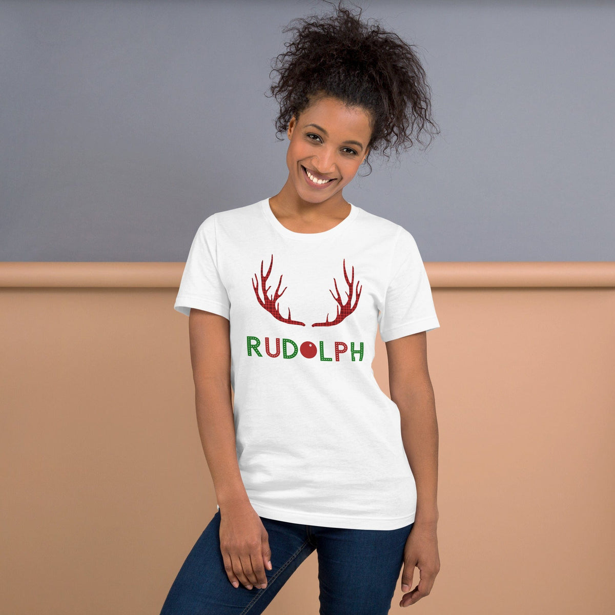 White crew-neck T-shirt with red antler and green Rudolph logo print
