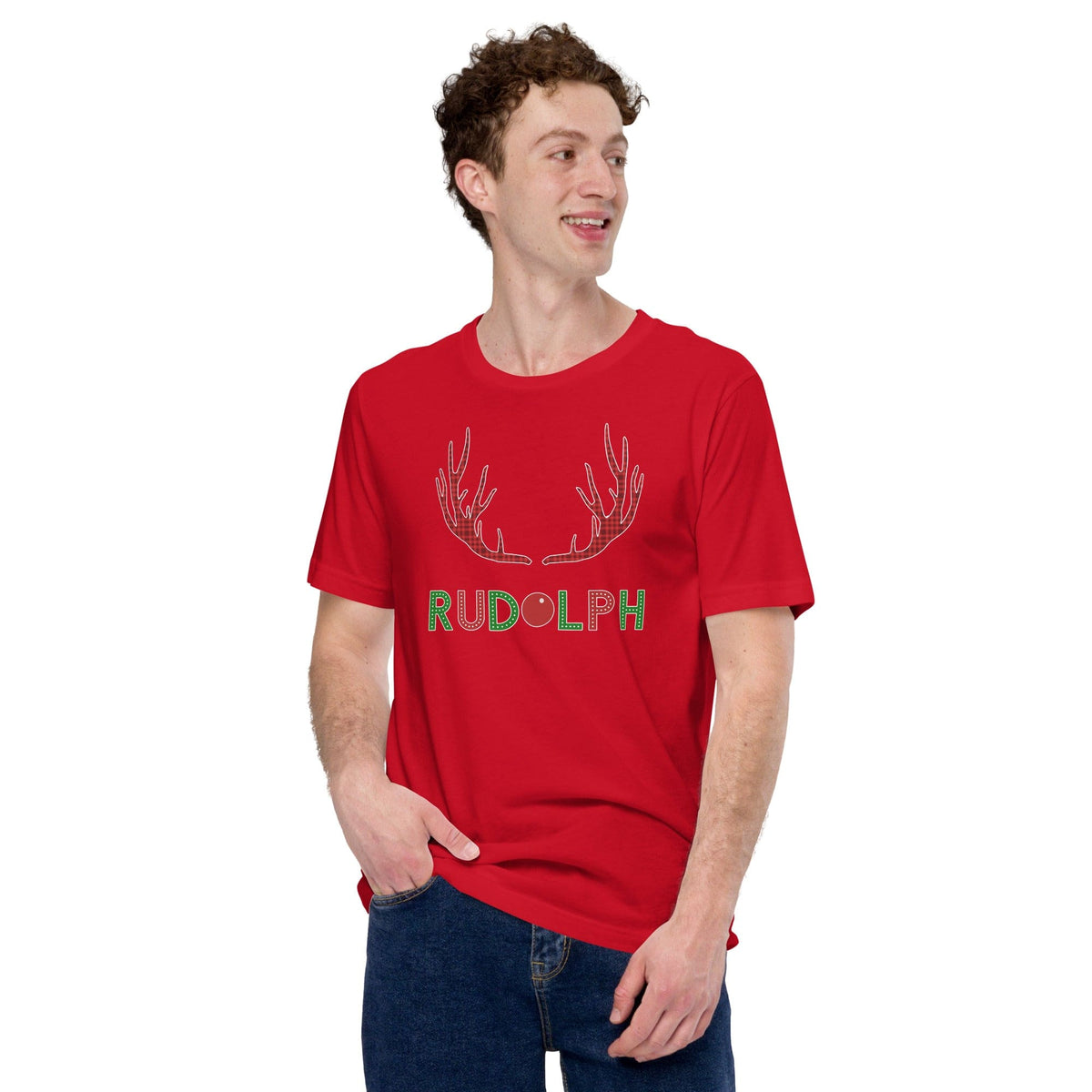 Red T-shirt with Rudolf reindeer antler graphic and 'RUDOLPH' text