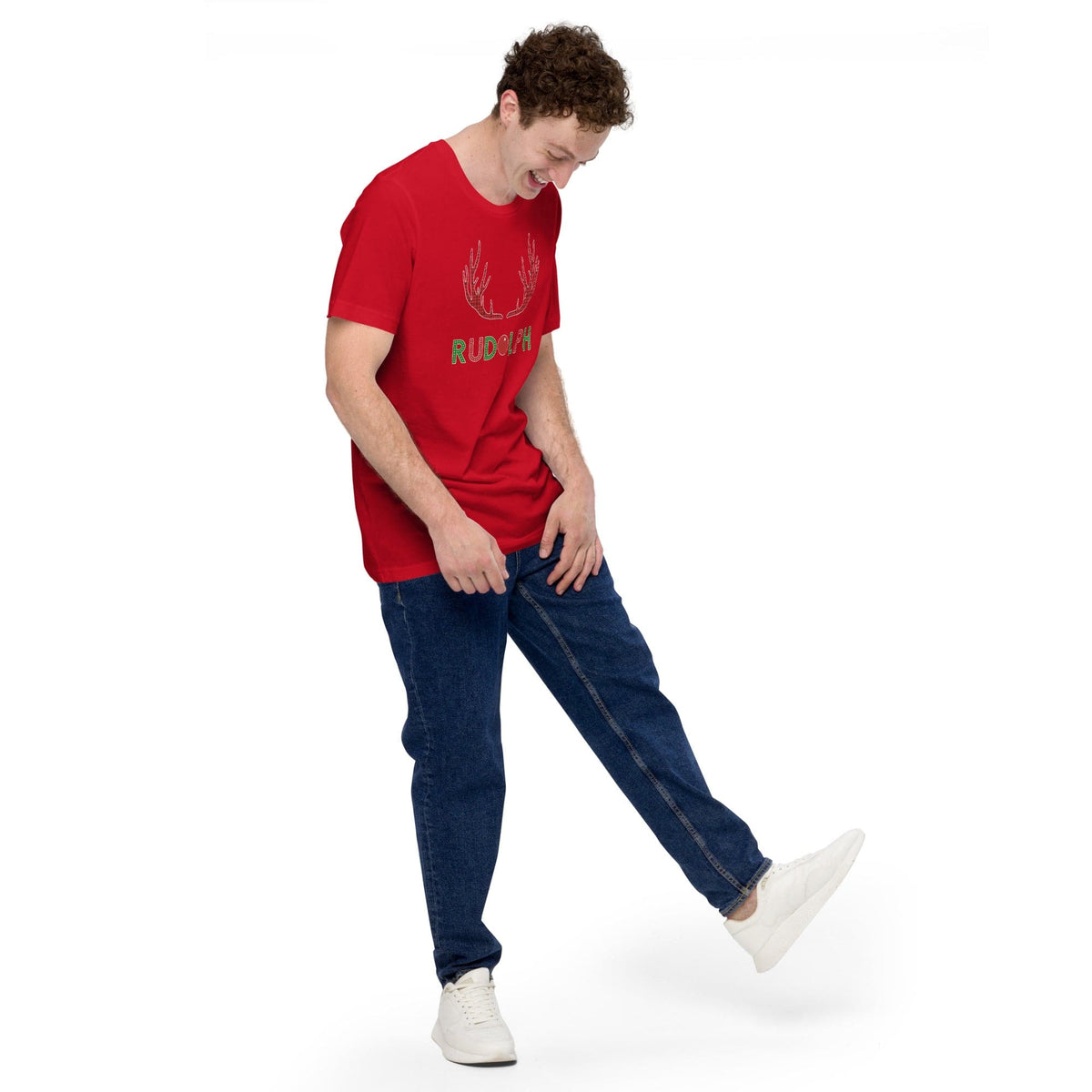 Red reindeer antler graphic T-shirt with Rudolph lettering