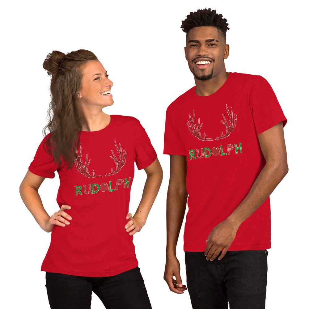 Red crew-neck T-shirt with red antler and green Rudolph logo print