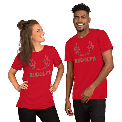 Red crew-neck T-shirt with red antler and green Rudolph logo print