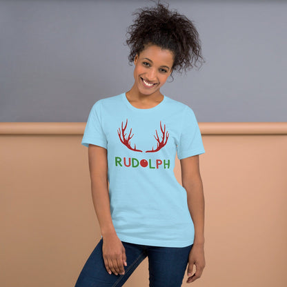Light blue T-shirt with reindeer antlers graphic and 'RUDOLPH' lettering