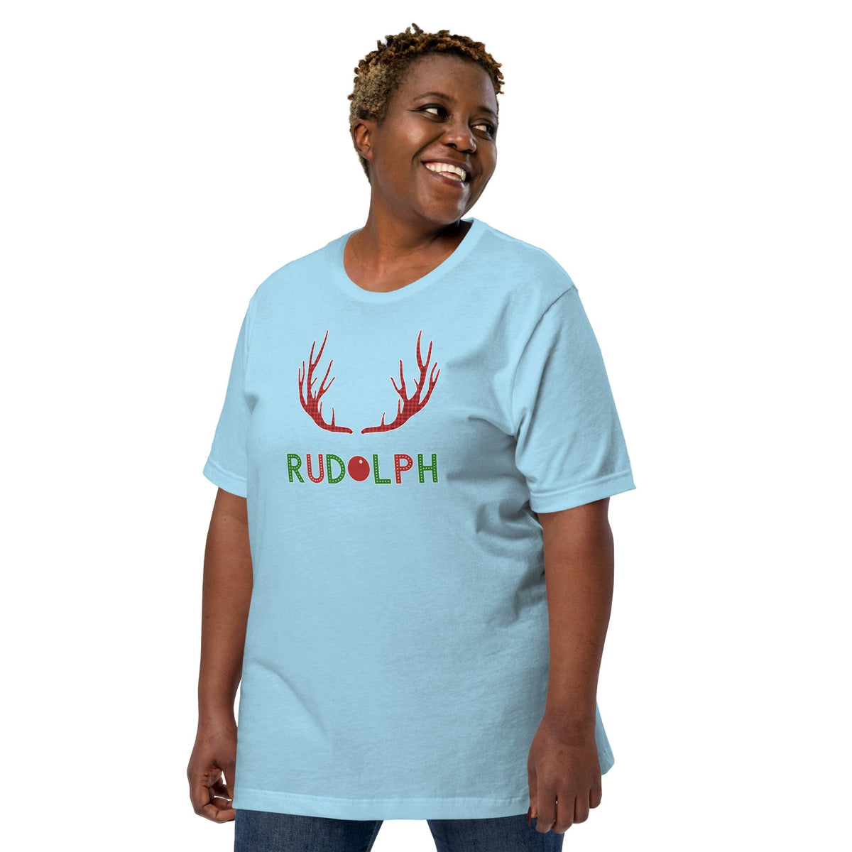 Light blue crew-neck T-shirt with red antler and green Rudolph logo print