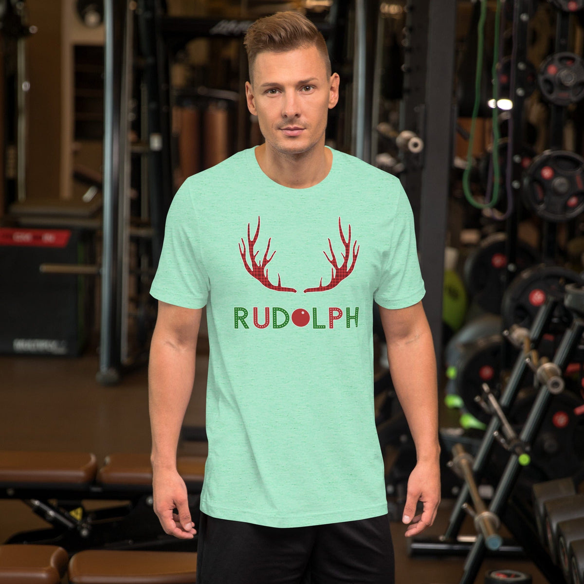 Mint green T-shirt with red reindeer antlers and 'RUDOLPH' text