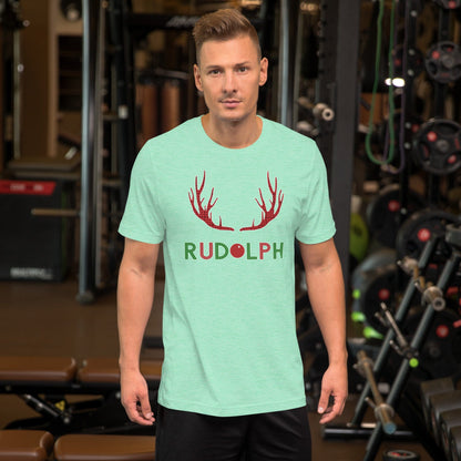 Mint green T-shirt with red reindeer antlers and 'RUDOLPH' text