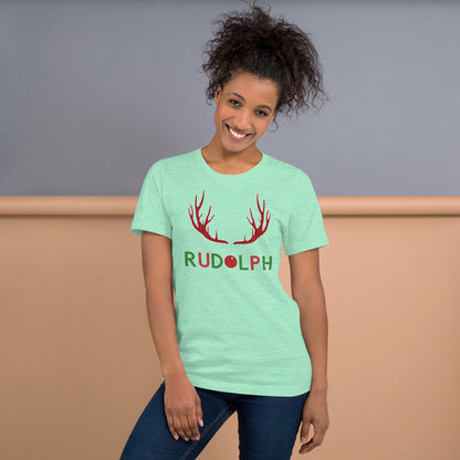 Mint green reindeer antler graphic T-shirt with Rudolph lettering