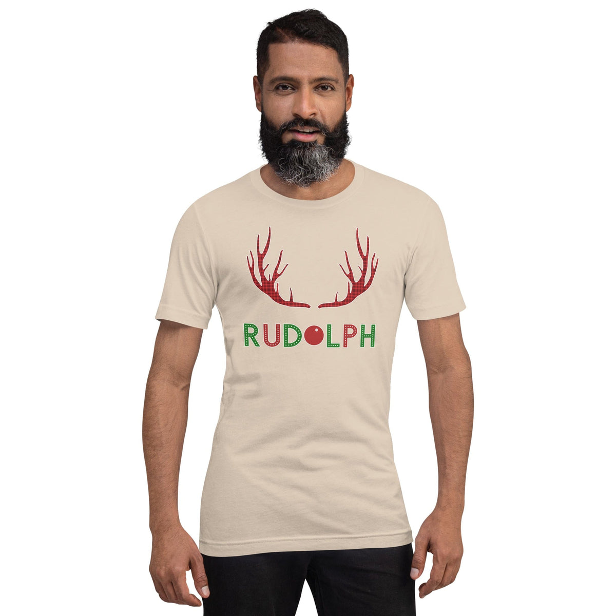 Cream T-shirt with red reindeer antlers and 'RUDOLPH' text