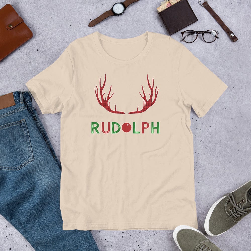 Light cream crew-neck T-shirt with red antler and green Rudolph logo print