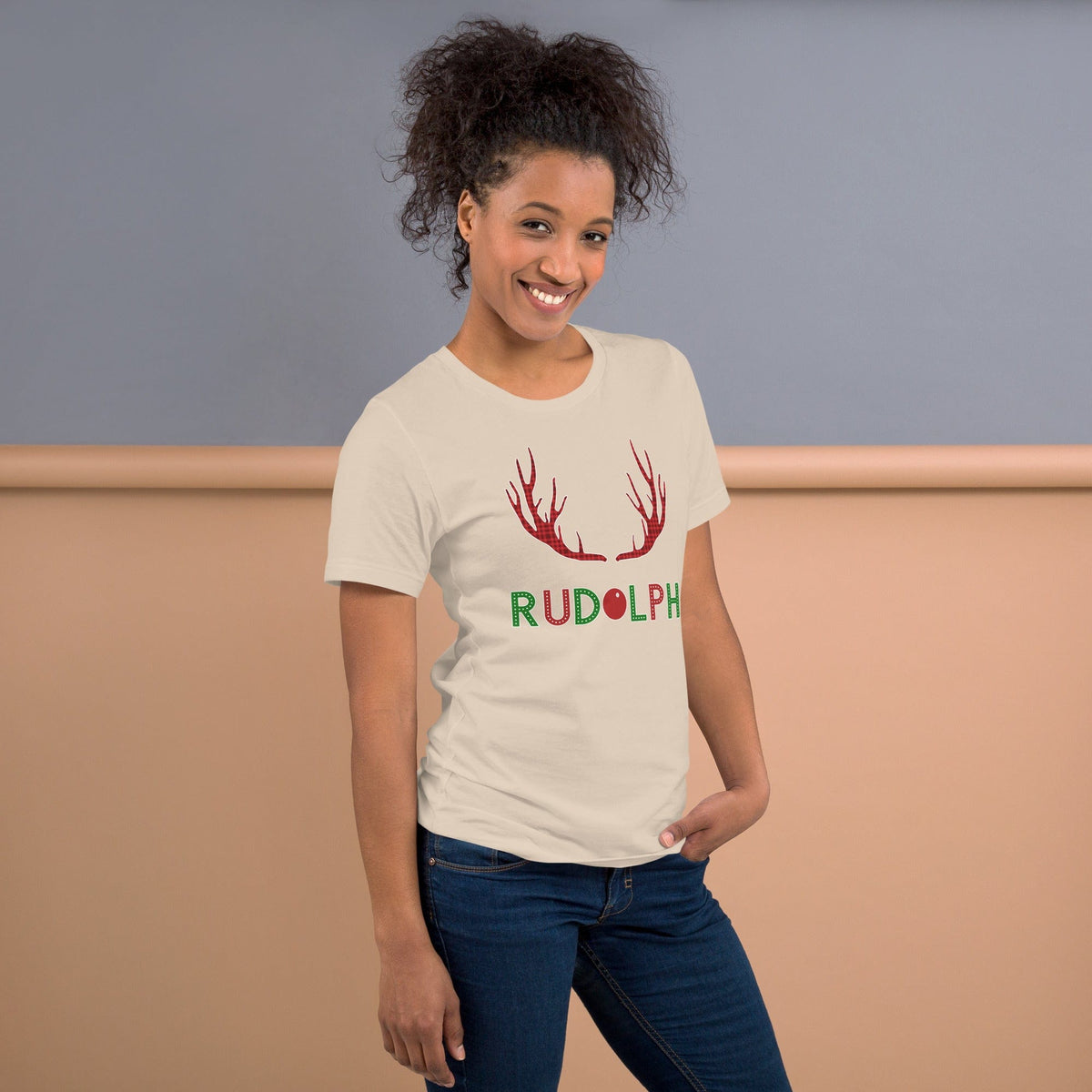 Off-white T-shirt with red reindeer antlers and 'RUDOLPH' lettering