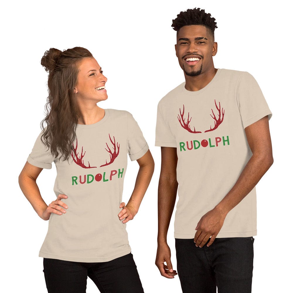 Soft cream crew-neck T-shirt with red antler and green Rudolph logo print