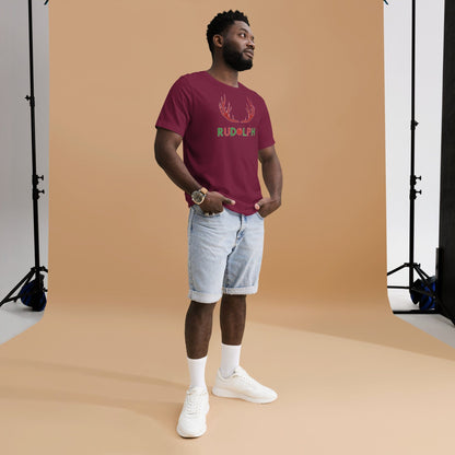 Maroon T-shirt with red reindeer antlers and 'RUDOLPH' lettering
