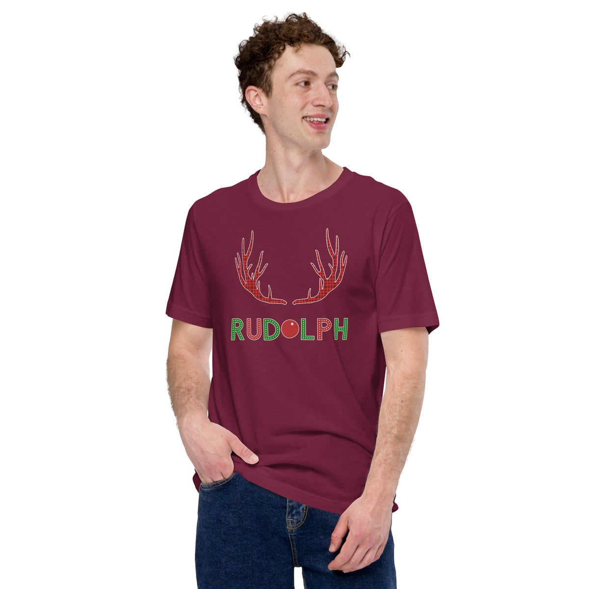 Maroon crew-neck T-shirt with red antler and green Rudolph logo print