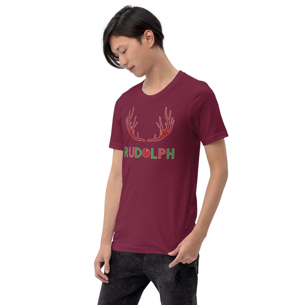 Maroon reindeer antler graphic T-shirt with Rudolph lettering