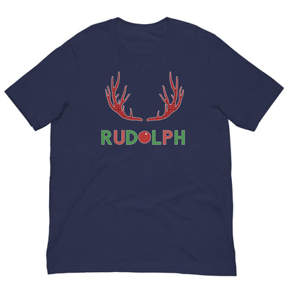 Navy T-shirt with reindeer antlers graphic and 'RUDOLPH' lettering