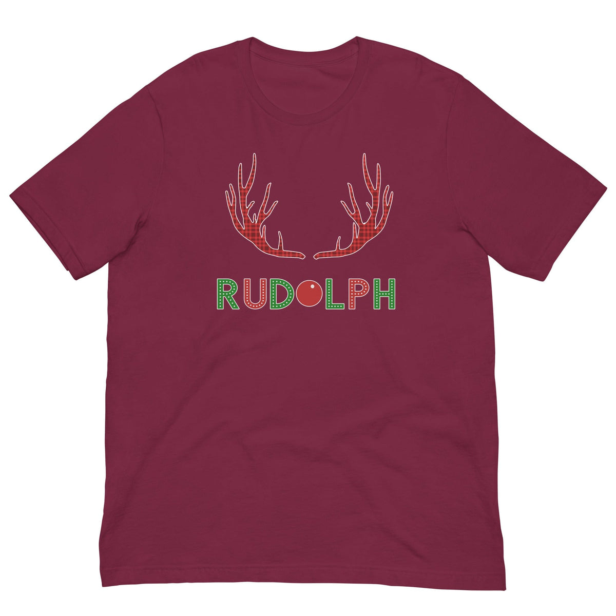 Maroon T-shirt with red reindeer antlers and "RUDOLPH" print