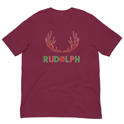 Maroon T-shirt with red reindeer antlers and "RUDOLPH" print