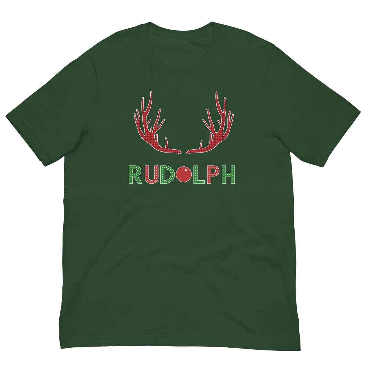 Green T-shirt with red reindeer antlers and "RUDOLPH" print