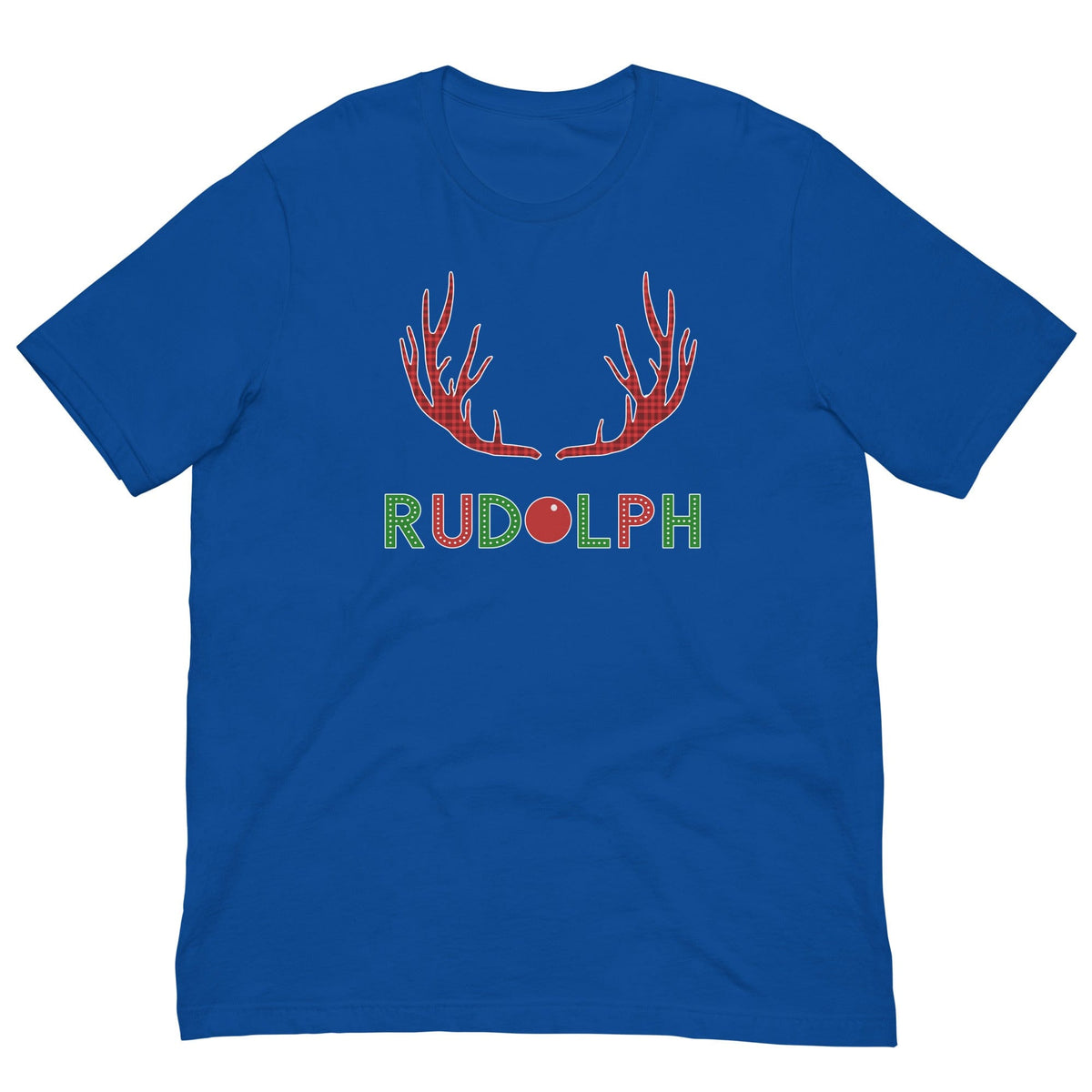 Royal blue T-shirt with red reindeer antlers and "RUDOLPH" print