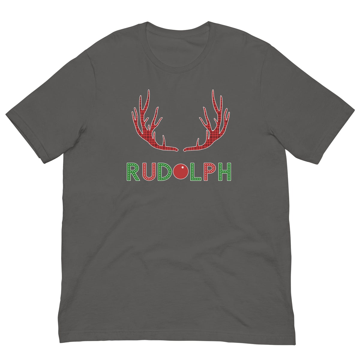 Dark gray T-shirt with red reindeer antlers and "RUDOLPH" print