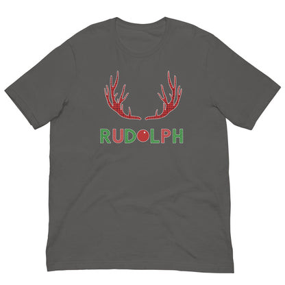 Dark gray T-shirt with red reindeer antlers and "RUDOLPH" print