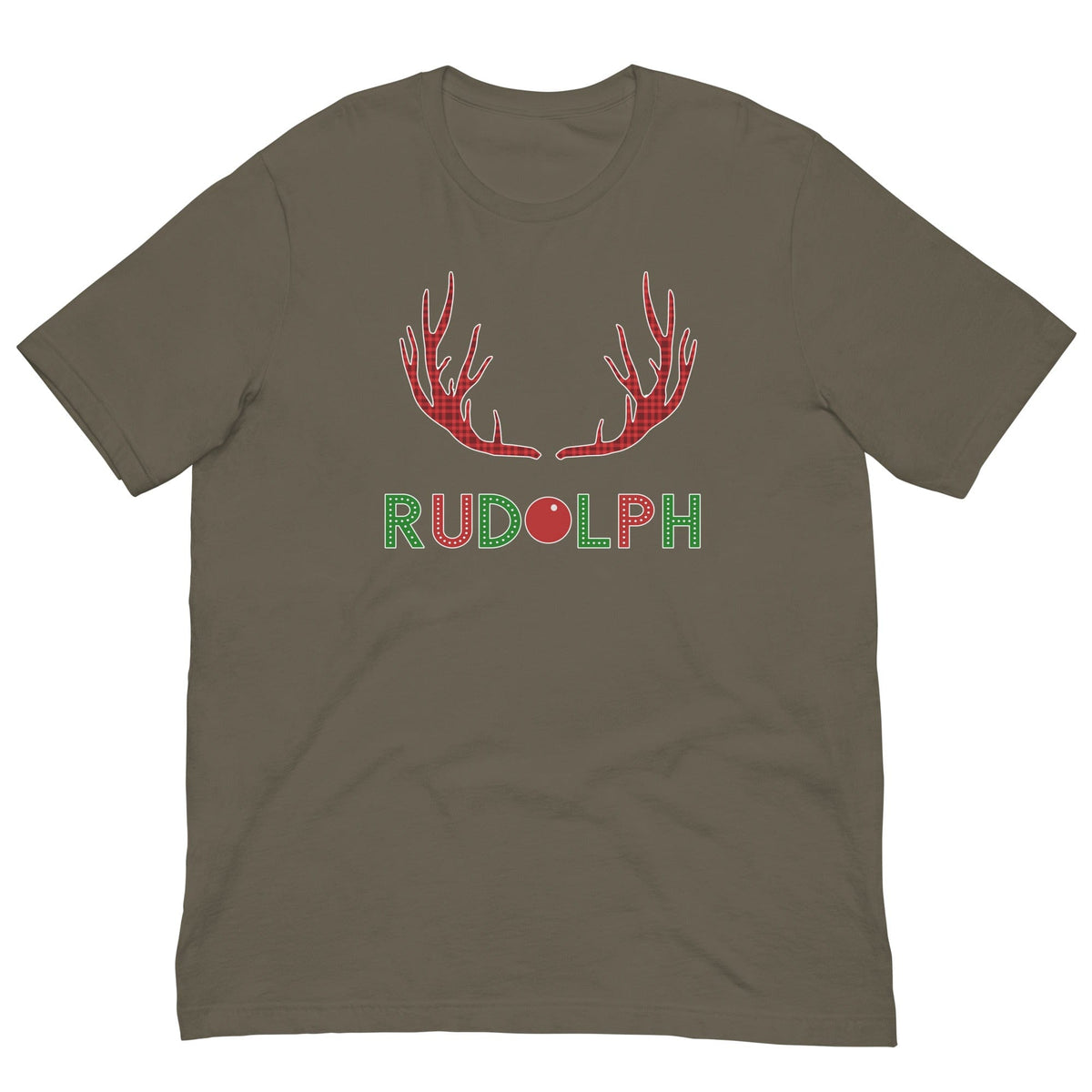 Olive T-shirt with red reindeer antlers and "RUDOLPH" print