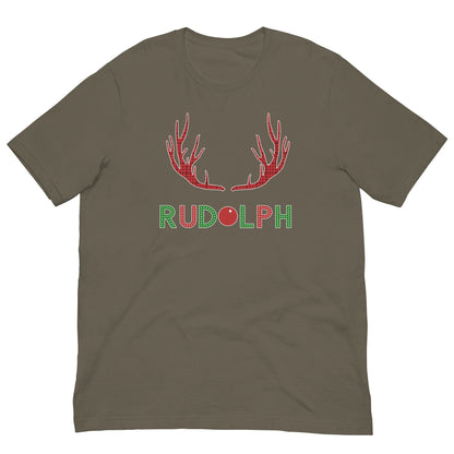 Olive T-shirt with red reindeer antlers and "RUDOLPH" print