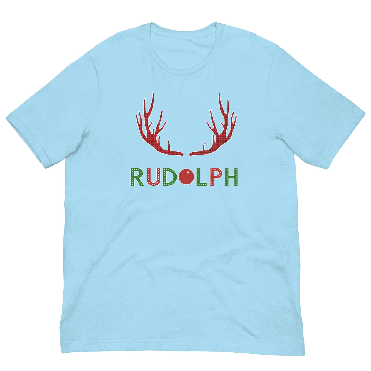 Light blue T-shirt with red reindeer antlers and "RUDOLPH" print