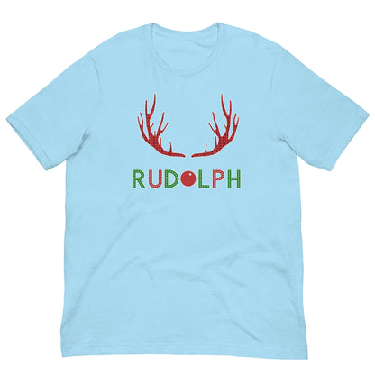 Light blue T-shirt with red reindeer antlers and "RUDOLPH" print