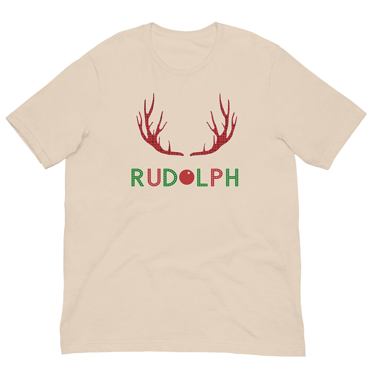 Beige T-shirt with red reindeer antlers and "RUDOLPH" print