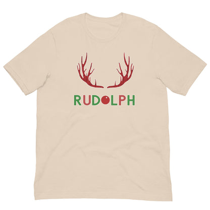 Beige T-shirt with red reindeer antlers and "RUDOLPH" print