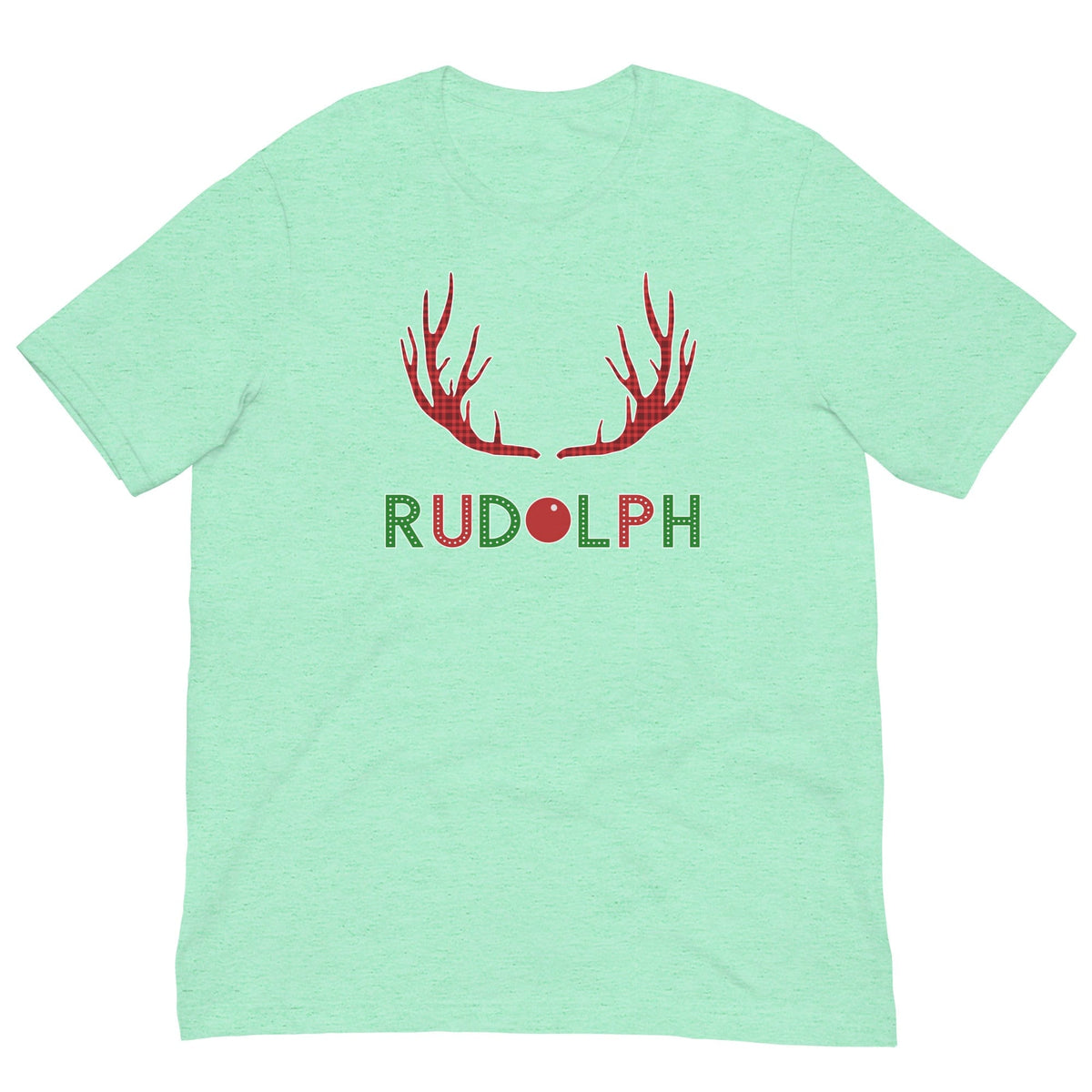 Mint green T-shirt with red reindeer antlers and "RUDOLPH" print