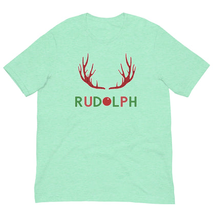 Mint green T-shirt with red reindeer antlers and "RUDOLPH" print