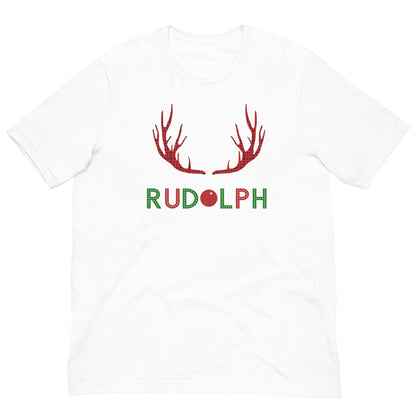 White crew-neck T-shirt with red antlers and green 'RUDOLPH' front print