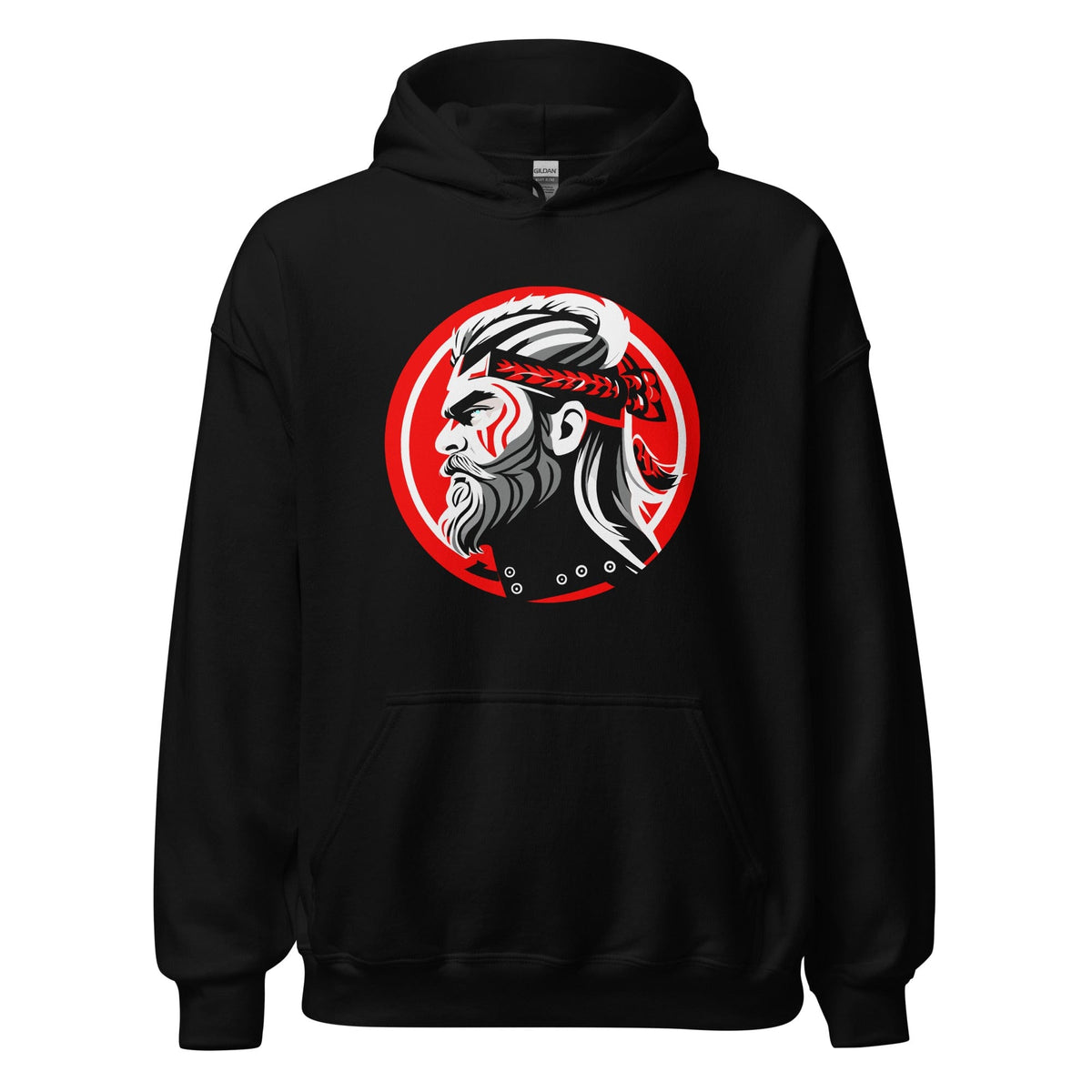 Black pullover hoodie with hood and kangaroo pocket, featuring a circular samurai graphic.